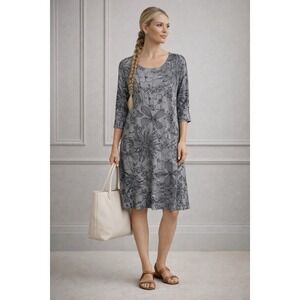 Bryn Walker Floral Viscose Dress XL Gray Stretch Round Neck 3/4 Sleeve Artsy Lux